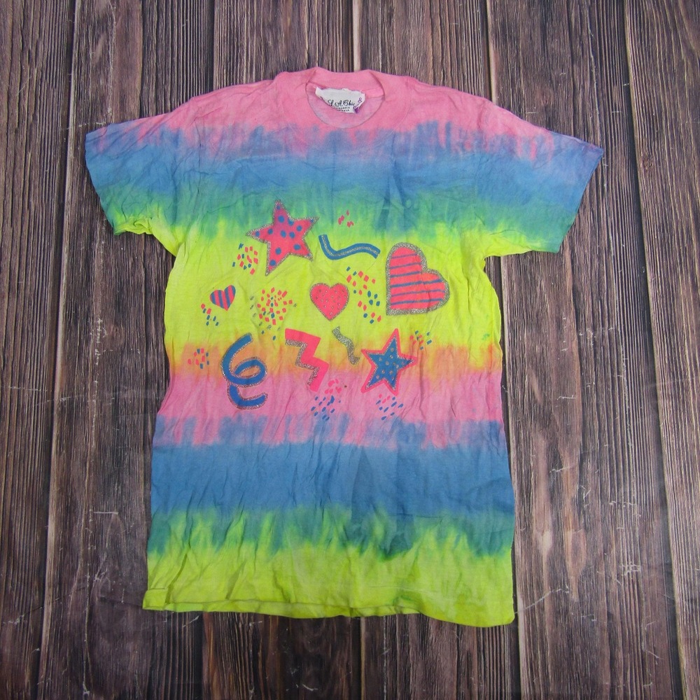 L.A. Chic T-Shirt Women Small Multi-Color Tie Dye Stars Hearts Vintage 90s USA